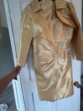 Gold Satin Lace-Detail Long Sleeve Dress with Jacket